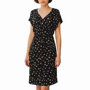 Gap Faux Wrap V-Neck Polka Dot Belted Stretch Dress - Large - Good Cond